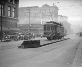 George Noble [client] [safety zone (pedestrian island) for street car patrons on Hastings Street]