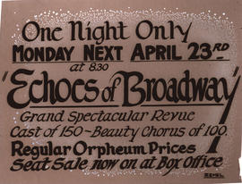 One night only, Apr. 23, Echoes of Broadway