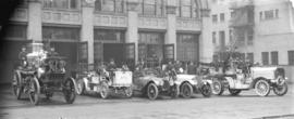 [Fire engines and fire fighters in front of Fire Hall No. 1]