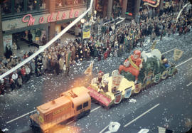 43rd Grey Cup Parade, on Granville Street, B.C. Lions and British Columbia float and spectators