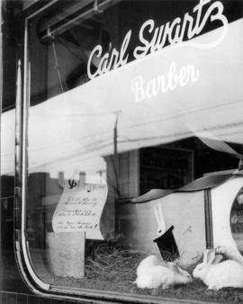 [Carl Swartz barber shop window at 4264 Dunbar Street, Vancouver, B.C.]