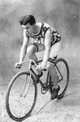 [Edward Evans Blackmore on his racing bike]