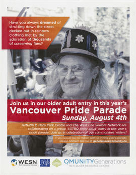 Join us in our older adult entry in this year's Vancouver pride parade : Sunday, August 4th