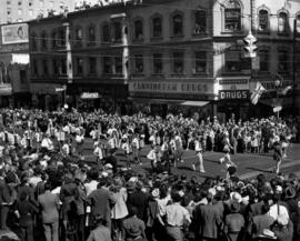 Junior accordion players marching band in 1947 P.N.E. Opening Day Parade