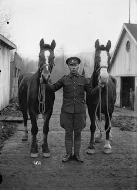 [Soldier holding two horses]