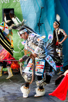 Day 74 First nations dancers on stage at Saskatoon's Community Celebration in Saskatchewan.