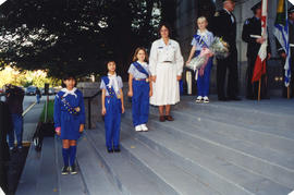 Girl Guides on City Hall steps waiting for Governor General's arrival