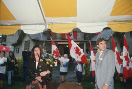 Bagpipe player outside entrance of Brockton Point Clubhouse at the Centennial Commission's Canada...