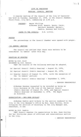 Council Meeting Minutes : Sept. 21, 1976