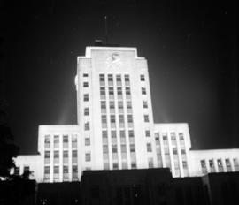 [City Hall lit up at night]