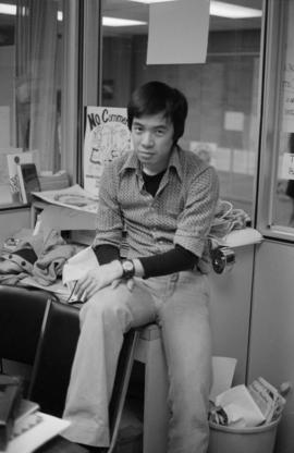 Pender Guy volunteer at an on-air broadcast from Strathcona Community Centre