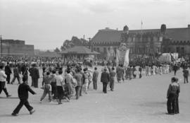 [Parade of Chinese associations on the Cambie Street Grounds during VJ Day celebrations]