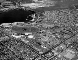 Aerial view of area surrounding Pacific Coliseum construction looking northeast