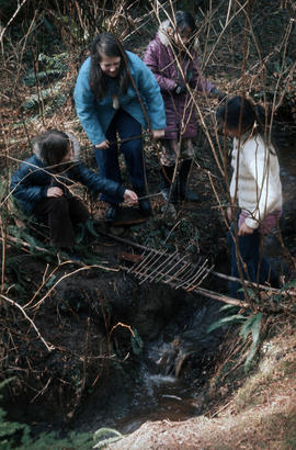 Girls making a stick bridge at Camp Capilano