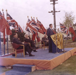 P.N.E. President T.R. Fyfe speaking during groundbreaking ceremony for the Agrodome