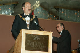 Mayor Harcourt speaks during Centennial Ball at the Pan Pacific Hotel