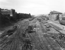 [Progress photograph of the construction and lumber yard for the CPR Pier "B/C" superst...