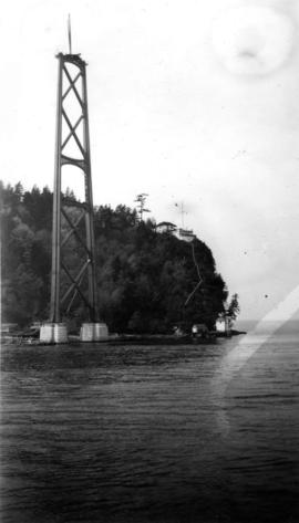 View of one of the Lion's Gate towers, nearest to Stanley Park