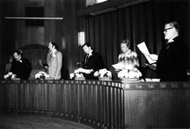 Aldermen Harry Rankin, Michael Harcourt, John J. Volrich, Boyce and Kennedy taking Oath of Office