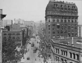 Looking west up Hastings showing Flack Block and Dominion Building