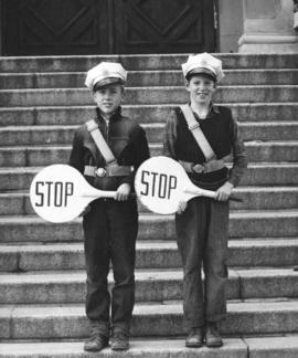 [School patrol crossing guards on the steps of Florence Nightingale School]