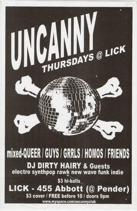Uncanny Thursdays at Lick : mixed-queer, guys, grrls, homos, friends : DJ Dirty Hairy and guests