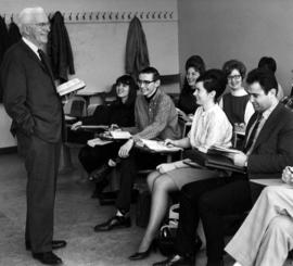 Professor emeritus Harry T. Logan, U.B.C. faculty member lecturing