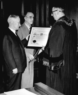 [His Worship F.J. Hume conferring the Freedom of Vancouver upon School Trustees]