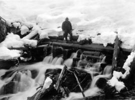 Burwell Lake, view of Spillway Dam showing leaks