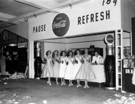 Miss Vancouver 1955 contestants posing at Coca-Cola display
