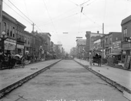 [Partially excavated street at Granville and Robson Streets, for reconstruction of streetcar line...