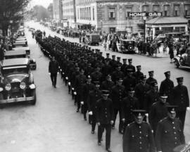 [View of funeral procession for Fireman Herbert E. Ellis, mortally injured on April 17, 1938. Fun...