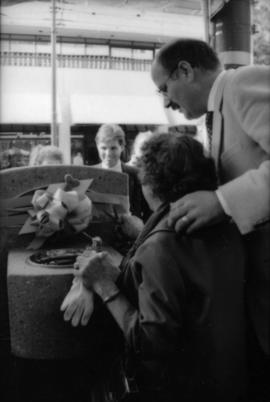 Theresa Galloway and Mike Harcourt at drinking fountain inauguration