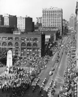 View of 1947 P.N.E. Opening Day Parade route along Hastings St.