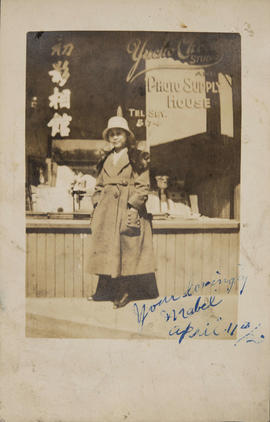 Mabel Chow Ng in front of studio - 1920