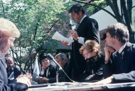 Michael Francis speaking at reenactment of Vancouver's first City Council meeting at 12 Water Street