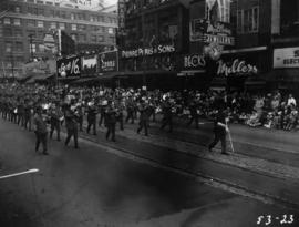 Military band marching in 1953 P.N.E. Opening Day Parade