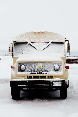 Day 10 school bus outside of Churchill Airport, MB.