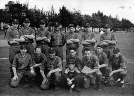 [Group portrait of Vancouver Firemen's Baseball Team on playing field.]