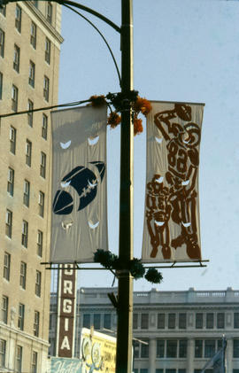 [Football-themed street banners]