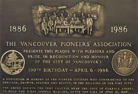 Vancouver Pioneer's Association Centennial plaque