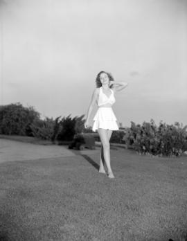 [Woman modeling a bathing suit on the Royal Vancouver Yacht Club grounds]
