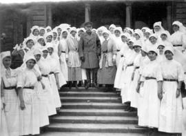 Nurses of No. 5 Canadian General Hospital with the Duke of Connaught in England in 1917 after ret...
