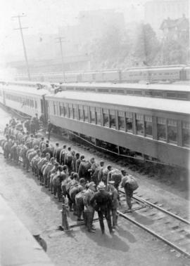 Birds Eye view of Chinese Labour Corps lined up before boarding cross Canada train