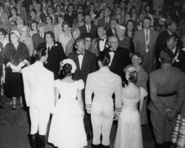 Prince Philip greeting actors during Queen Elizabeth's attendance of a performance of The Chocola...