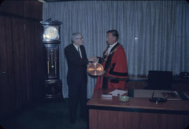 Mayor's Office, [Mayor Rathie] presenting tray to Frank Fredrickson