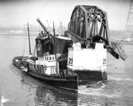 [Accident, "Pacific Gatherer" collision with Second Narrows Bridge, tug "Lorne&quo...