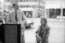 Mike Harcourt and Theresa Galloway at drinking fountain inauguration