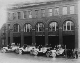 [Four fire engines at Vancouver Fire Department Station #2, 754 Seymour Street]