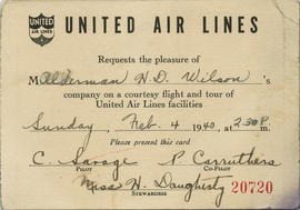 Invitation to Alderman Halford Wilson from United Air Lines